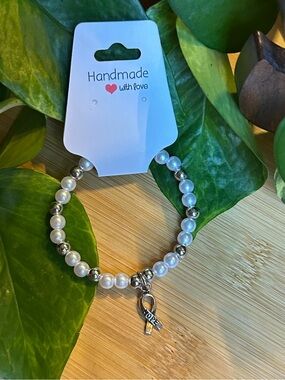 🎀 Breast Cancer Awareness Stretchy Beaded Bracelet | Handmade | Dangle Charm 🎀